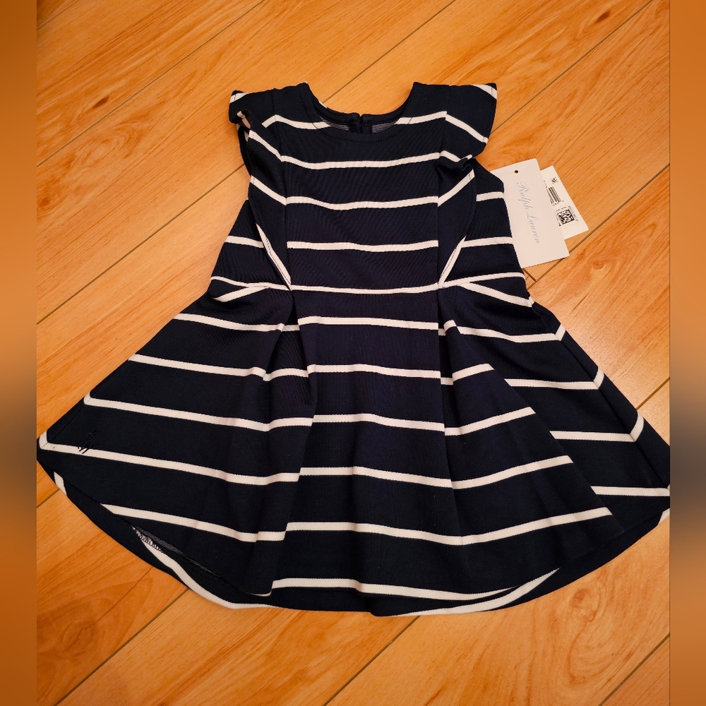 NWT Ralph Lauren Navy and White Striped Dress Baby/Toddler Sz 9m